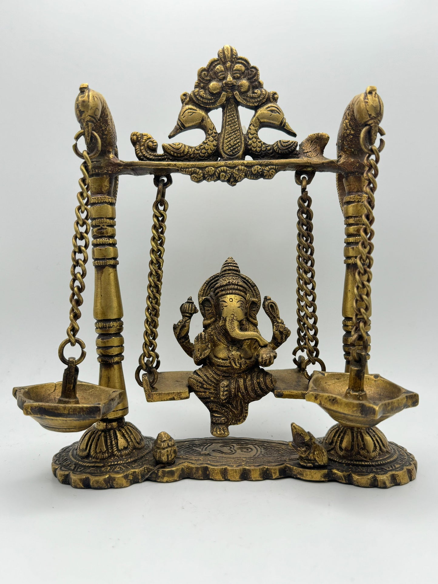 Brass Ganesha Statue on Swing with Diya, Ganesha on Jhoola