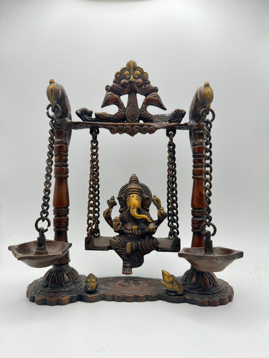 Brass Ganesha Statue on Swing with Diya, Ganesha on Jhoola